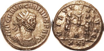 As Augustus, Ant, VIRTVS AVGG, Ruler & Jupiter stg, A/XXI; EF/VF, well centered,...