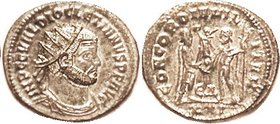 DIOCLETIAN , Ant, CONCORDIA MILITVM, Ruler receiving Victory from Jupiter; EF+, virtually mint state, well centered on oval flan, decent strike with s...