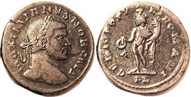 GALERIUS, As Caesar, Follis, GENIO POPVLI ROMANI, Genius stg l, PL (Lyons, not PLC & quite rare thus); F-VF, smooth brown patina, teensy edge crack, g...