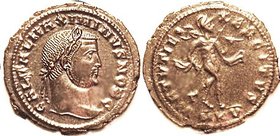 MAXIMINUS II , As Caesar, Follis, VIRTVTI EXERCITVS, Mars adv r, MKV; EF, well centered on sl ragged flan, obv deeply struck with portrait very sharp,...