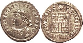 CRISPUS , Æ3, bust left/PROVIDENTIAE CAESS, camp gate, SMALA; Choice EF+, centered, well struck, lustrous silvered surfaces with lt toning; superb por...