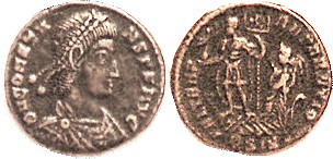 CONSTANS , 1/2 Cent., FEL TEMP REPARATIO, Ruler on gallery steered by Victory, E...
