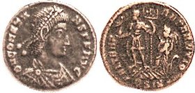 CONSTANS , 1/2 Cent., FEL TEMP REPARATIO, Ruler on gallery steered by Victory, ESIS? (first letter blobby); AEF/VF, centered, lgnds a mite soft, mediu...