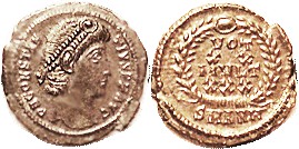 CONSTANTIUS II, Æ4, VOT XX MVLT XXX in wreath, SMANH; Mint State, centered on large ragged flan, good strike, portrait fully sharp; lustrous brown sur...