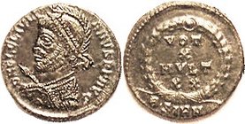 Æ3, Helmeted bust left with spear & shield/VOT X MVLT XX in wreath, BSIRM; Choice EF, nrly centered, glossy smooth dark green patina, fully sharp port...