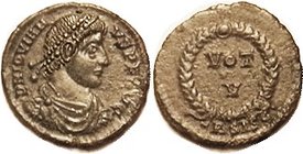 JOVIAN , Æ3, VOT V in wreath, BSISC, EF/VF, well center-ed, just a couple of obv letters wk, portrait fully sharp; good olive green patina. (A NEF/GVF...
