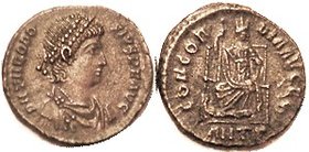 THEODOSIUS I , Æ3, CONCORDIA AVGGG, Constantin-opolis std facg, ANT-Gamma; EF/VF, centered, medium brown, minor granularity, nice sharp portrait of fi...