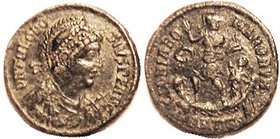Æ2, Helmeted bust rt with spear & shield/GLORIA ROMANORVM, Ruler on galley with Victory, ANT-Gamma; Choice VF, perfectly centered & well struck, dark ...