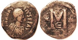 ANASTASIUS I, Follis, S21-var, Bust with star on shoulder (very clear)/Large M, pellets above & below stars, Offic. E, F, 2-toned brown, some flatness...
