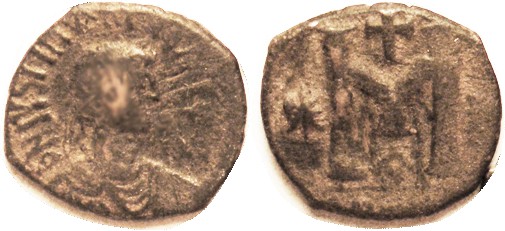 JUSTIN & JUSTINIAN , Follis, S125-126, Offic. A; AF, greenish-brown patina, sl e...