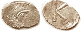 Ar 1/3 Siliqua, Helmeted Constantinopolis bust r/Large K, around F-VF/VF, sl off-ctr on quite elongated flan, head crudely struck, sl grainy, a trifle...