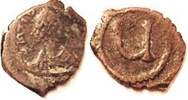 TIBERIUS II , 5N, S438, bust r/u in circle; F-VF, a bit crude, sl off-ctr, brown patina. Scarce. (A VF realized $120, Argenor 4/05.)