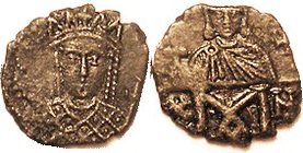 IRENE & CONSTANTINE VI , Follis, S1598, Irene bust facg/Bust of Constantine above M; VF, centered on smallish flan, sl ragged, dark brown patina, sl p...