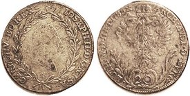 AUSTRIA , Joseph II, Ar 20 Kreuzer, 1785-A, 27 mm, VG/AF, toned, a few tiny marks.