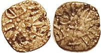 ENGLAND , Northumbria, Æ Sceat, time of Aethelred II & Osbert, c.860 AD, cross/ dots, lgnds around each side, quite blundered; VG or so, crude, pale b...