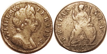 William III, Farthing, 1695, Peck 653 (Rare), F-VF/F, medium brown with fine por...