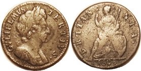 William III, Farthing, 1695, Peck 653 (Rare), F-VF/F, medium brown with fine porosity, but quite good for this with much portrait detail. (A "bold VF"...