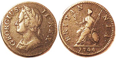 George II, Farthing 1744, VF, faintest granularity, a nice bold coin. (A VF35 br...