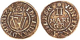 GERMANY , Brunswick-Luneburg-Calenburg, Ar 2 Mariengroschen, 1656, 19 mm, Crowned monogram/lgnds; VF, good metal with darkish tone in fields, minor cr...