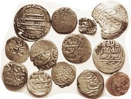 Islamic/Indian/Ottoman silver lot, 13 coins, very assorted, one Islamic Dirham holed & another broken & bent, smallest piece crude & crappy, the rest ...