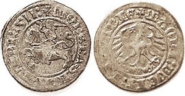LITHUANIA Ar 1/2 Groschen, 1511, Knight on horse l./Eagle, 20 mm, F-VF or better, actually not much worn but typical partly wk strike, good metal with...