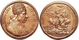 PAPAL , Medal 1721, Innocent XIII accession, by Hamerani, 32 mm, Crowned bust r/ St. Michael drives Devil in seroent form out of Heaven; Choice VF-EF,...