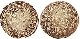 POLAND, Sigismund III, Ar 3 Groschen 1596, Crowned bust r/shields, lgnds, horseman, etc; AVF/F, good metal with nice lt tone, minor wkness on rev.
