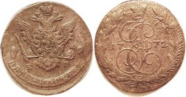 5 Kop copper, 1772-EM, big 43 mm, Strong VF/F-VF, medium brown, good detail with horseman on eagle's breast fully clear; rev somewhat crudely struck.