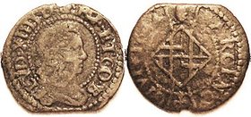 SPAIN , Barcelona, Æ Sesino, 1644, French occupation, Louis XIV bust r/diamond-shaped arms, 22 mm; AF/VG, irregular flan, rev softly struck, date weak...