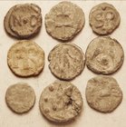 Roman lead seals/tesseras, LOT of 9 diff, smallest is almost featureless, several others low grade, one roughly holed; least 4 are pretty nice.