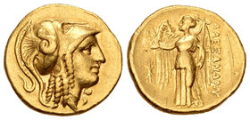 Imperio Macedonio. Alejandro III Magno. Estátera. 336-323 a.C. Amphipolis. (Price-162). (Gc-6703). Anv.: Cabeza de Atenea a derecha, con casco corinti...