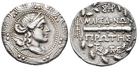 Macedonia. Amphipolis. Tetradracma. 158-149 a.C. (Pozzi-998). (Cy-1436). (Gc-1386). Anv.: Artemisa a derecha con arco y carcaj dentro de escudo macedo...
