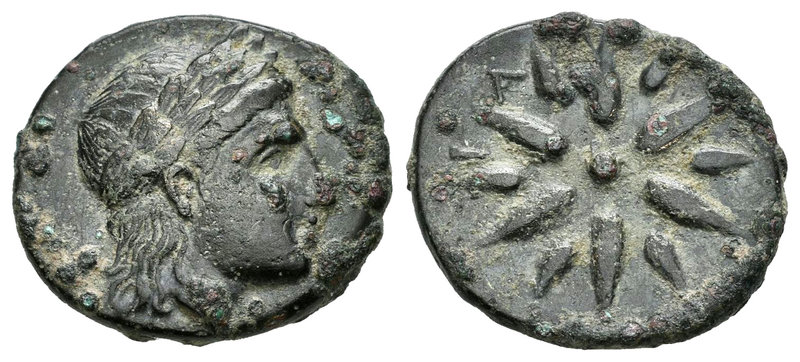 Misia. Gambrion. AE 17. 350 a.C. (Gc-3871). Anv.: Cabeza de Apolo a derecha. Rev...
