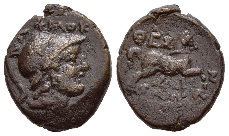 Tesalia. AE 17. 196-146 a.C. (Gc-2238). Anv.: Cabeza de Atenea con casco corinti...