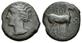 Cartagonova. 1/2 calco. 220-215 a.C. Cartagena (Murcia). (Abh-507 variante). (Acip-604 variante). Ae. 3,21 g. Variante con 3 puntos delante del caball...