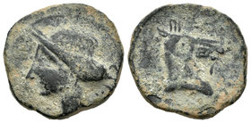 Cartagonova. Calco. 220 a.C. Cartagena (Murcia). (Abh-515). (Acip-585). (C-45). Rev.: Cabeza de caballo a derecha, delante letra fenicia "alef". Ae. 6...