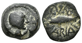 Cunbaria. Semis. 50 a.C. Cabezas de San Juan. (Abh-880). (Acip-2621). (C-3). Rev.: Atún a izquierda entre CVNB / ARIA. Ae. 6,30 g. BC+. Est...60,00.