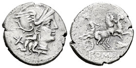 Anónima. Denario. 179-170 a.C. Roma. (Ffc-78). (Craw-156/1). (Cal-53). Anv.: Cabeza de Roma a derecha, detrás X. Rev.: Diana en biga a derecha con cre...