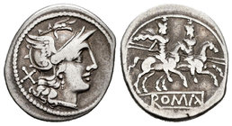 Anónima. Denario. 200-190 a.C. Sur de Italia. (Ffc-7). (Craw-44/5). (Cal-1). Anv.: Cabeza de Roma a derecha, detrás X. Rev.: Los Dioscuros a caballo a...