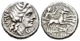 Aelia. Denario. 92 a.C. Roma. (Ffc-102). (Craw-336/1a). (Cal-72a). Anv.: Cabeza diademada de Diana a derecha, delante letras, detrás BALA. Rev.: Diana...