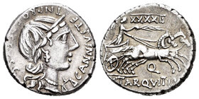 Annia. Denario. 82-81 a.C. Hispania. (Ffc-134). (Craw-366-4 c). (Cal-114). Anv.:  Busto diademado de Anna Perenna a derecha, debajo de la barbilla bal...
