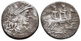 Antestia. Denario. 146 a.C. Taller Auxiliar de Roma. (Ffc-147). (Craw-219/1e). (Cal-125). Anv.: Cabeza de Roma a derecha, detrás (C ANTESTI). Rev.: Lo...