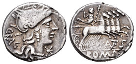 Antestia. Denario. 136 a.C. Roma. (Ffc-151). (Craw-238/1). (Cal-127). Anv.: Cabeza de Roma a derecha, delante X y detrás GRAG. Rev.: Júpiter en cuadri...
