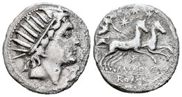 Aquillia. Denario. 109-108 a.c. Sur de Italia. (Ffc-166). (Craw-303/1). (Cal-229). Anv.: Cabeza del Sol radiada a derecha, delante X. Rev.: Diana en b...