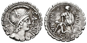 Aquillia. Denario. 71 a.C. Incierta. (Ffc-167). (Craw-401-1). (Cal-230). Rev.: Consul Man Aquillius de pie a izquierda incorporando a Sicilia, a derec...