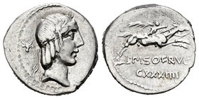 Calpurnia. Denario. 90-89 d.C. Roma. (Ffc-243). (Cal-307). Anv.: Cabeza laureada de Apolo a derecha, detrás símbolo. Rev.: Jinete con palma galopando ...