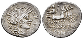 Curtia. Denario. 116-115 a.C. Norte de Italia. (Ffc-669). (Craw-285/2). (Cal-534). Anv.: Cabeza de Roma a derecha, detrás X, delante (Q) CVRT. Rev.: J...