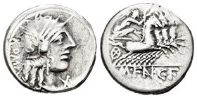 Fannia. Denario. 123 a.C. Taller Auxiliar de Roma. (Ffc-705). (Craw-275/1). (Cal-576). Anv.: Cabeza de Roma a derecha, delante X, detrás ROMA. Rev.: V...