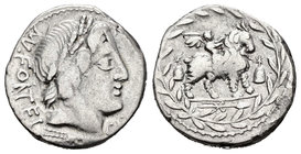 Fonteia. Denario. 85 a.C. Taller Auxiliar de Roma. (Ffc-721). (Craw-353-1d). (Cal-592). Anv.:  Cabeza laureada de Apolo Vejovis, delante CF, detrás M ...