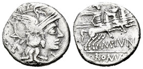 Junia. Denario. 145 a.C. Taller Auxiliar de Roma. (Ffc-778). (Craw-220/1). (Cal-860). Anv.: Cabeza de Roma a derecha, delante X, detrás cabeza de asno...